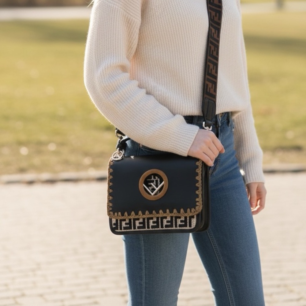 Black and Brown Shoulder Bag with Gold Accents - Picture 3 of 17